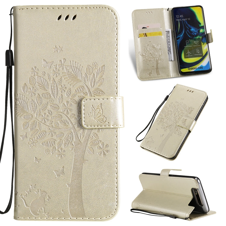 Étui à rabat horizontal en cuir PU avec motif arbre et chat, avec support, emplacements pour cartes, portefeuille et cordon, pour Huawei P Smart Z / Y9 Prime 2019 et Galaxy A10e