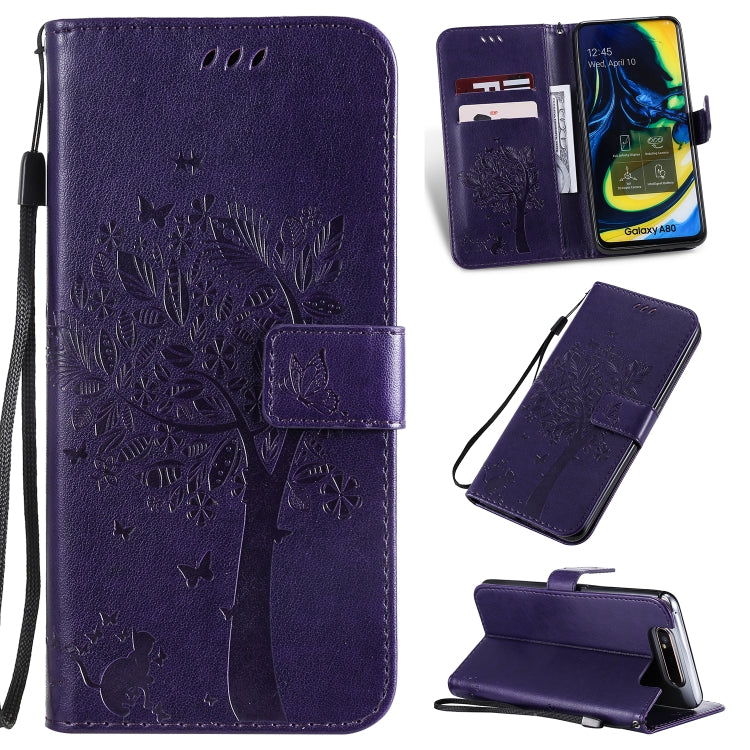 Tree & Cat Pattern Pressed Printing Horizontal Flip PU Leather Case with Holder & Card Slots & Wallet & Lanyard, For Galaxy A10e, For Galaxy A80