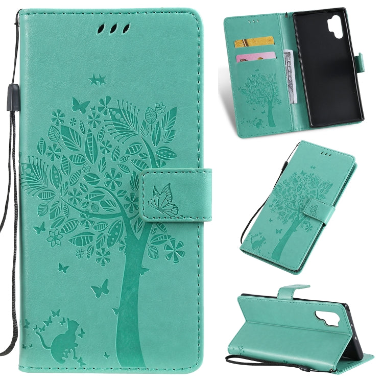 Tree & Cat Pattern Pressed Printing Horizontal Flip PU Leather Case with Holder & Card Slots & Wallet & Lanyard, For Galaxy Note 10+ / 10 Pro, For Galaxy  Note10