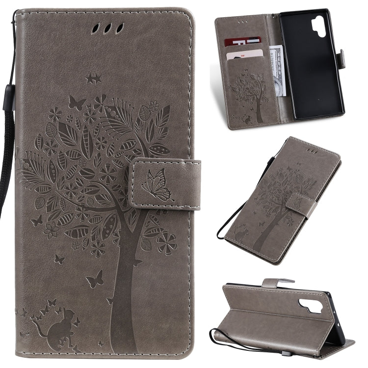 Tree & Cat Pattern Pressed Printing Horizontal Flip PU Leather Case with Holder & Card Slots & Wallet & Lanyard, For Galaxy Note 10+ / 10 Pro, For Galaxy  Note10