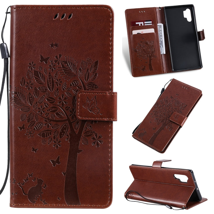 Tree & Cat Pattern Pressed Printing Horizontal Flip PU Leather Case with Holder & Card Slots & Wallet & Lanyard, For Galaxy Note 10+ / 10 Pro, For Galaxy  Note10