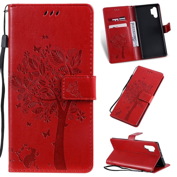 Tree & Cat Pattern Pressed Printing Horizontal Flip PU Leather Case with Holder & Card Slots & Wallet & Lanyard, For Galaxy Note 10+ / 10 Pro, For Galaxy  Note10
