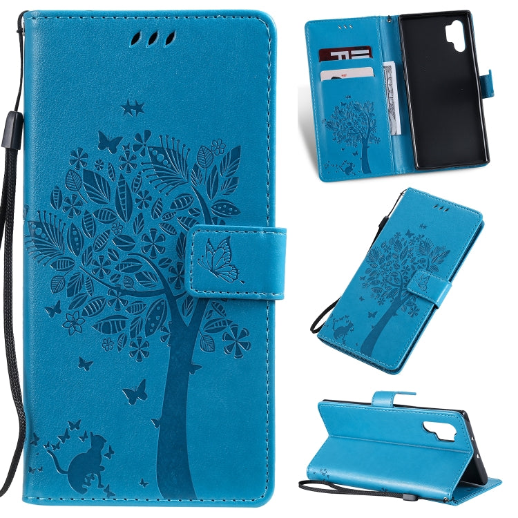 Tree & Cat Pattern Pressed Printing Horizontal Flip PU Leather Case with Holder & Card Slots & Wallet & Lanyard, For Galaxy Note 10+ / 10 Pro, For Galaxy  Note10