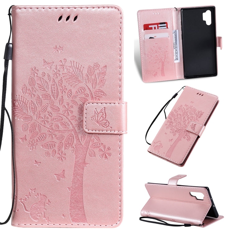 Tree & Cat Pattern Pressed Printing Horizontal Flip PU Leather Case with Holder & Card Slots & Wallet & Lanyard, For Galaxy Note 10+ / 10 Pro, For Galaxy  Note10