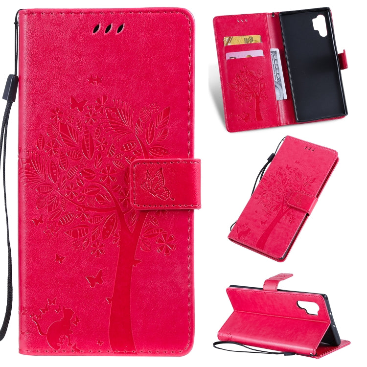 Tree & Cat Pattern Pressed Printing Horizontal Flip PU Leather Case with Holder & Card Slots & Wallet & Lanyard, For Galaxy Note 10+ / 10 Pro, For Galaxy  Note10