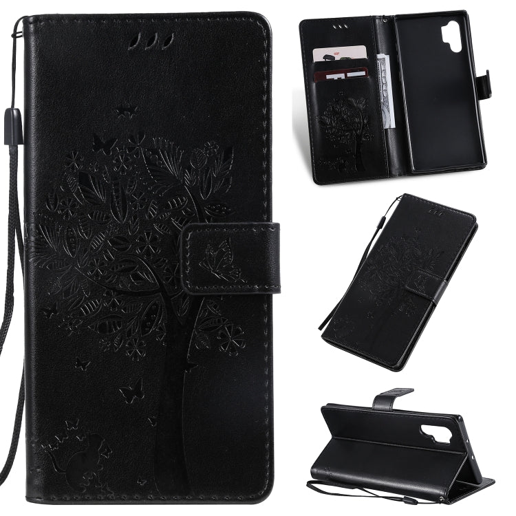 Tree & Cat Pattern Pressed Printing Horizontal Flip PU Leather Case with Holder & Card Slots & Wallet & Lanyard, For Galaxy Note 10+ / 10 Pro, For Galaxy  Note10