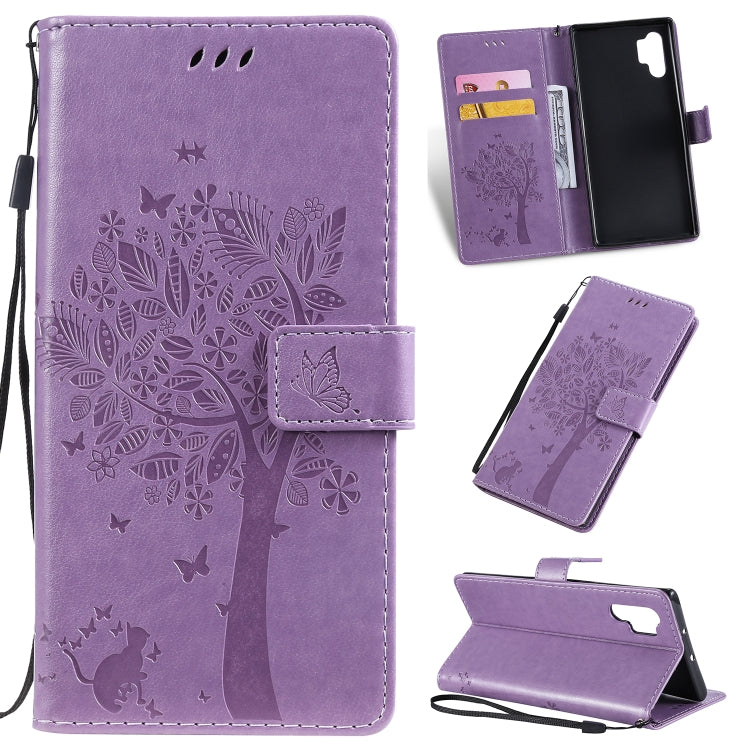 Tree & Cat Pattern Pressed Printing Horizontal Flip PU Leather Case with Holder & Card Slots & Wallet & Lanyard, For Galaxy Note 10+ / 10 Pro, For Galaxy  Note10