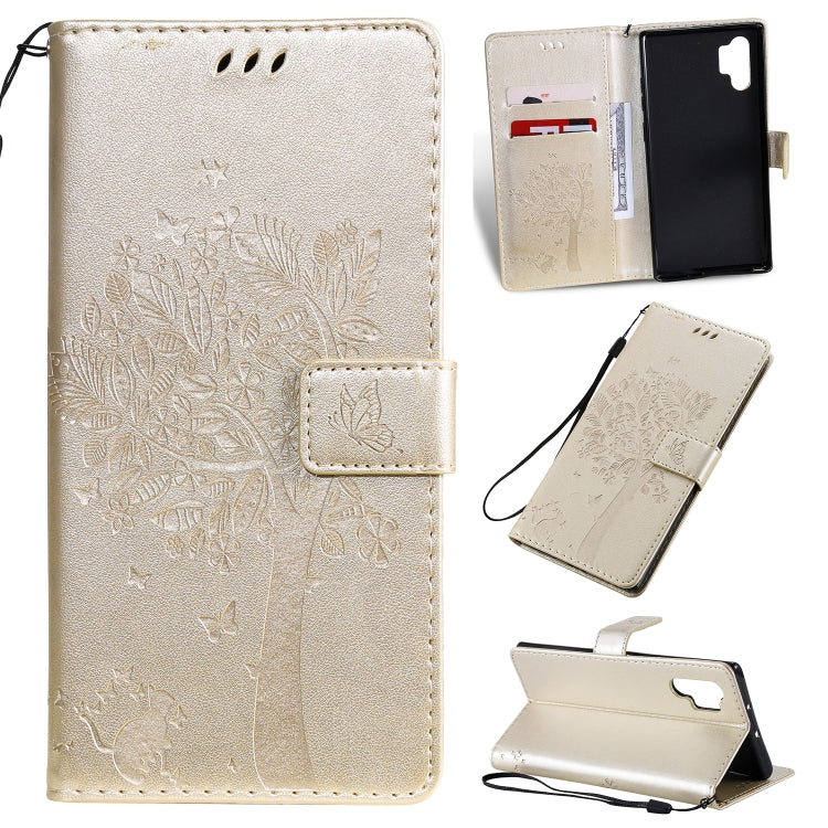 Tree & Cat Pattern Pressed Printing Horizontal Flip PU Leather Case with Holder & Card Slots & Wallet & Lanyard, For Galaxy Note 10+ / 10 Pro, For Galaxy  Note10