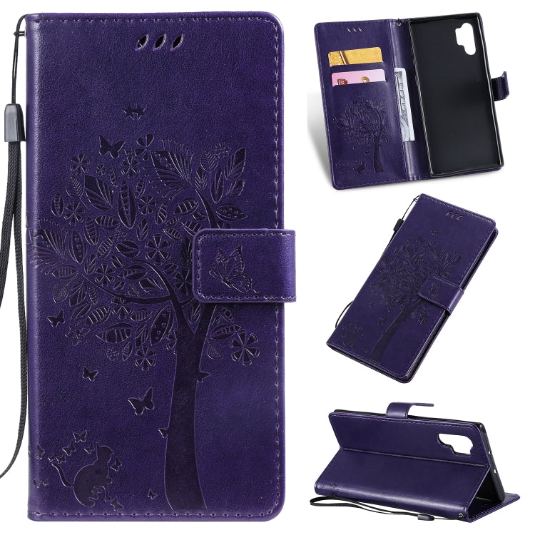 Tree & Cat Pattern Pressed Printing Horizontal Flip PU Leather Case with Holder & Card Slots & Wallet & Lanyard, For Galaxy Note 10+ / 10 Pro, For Galaxy  Note10