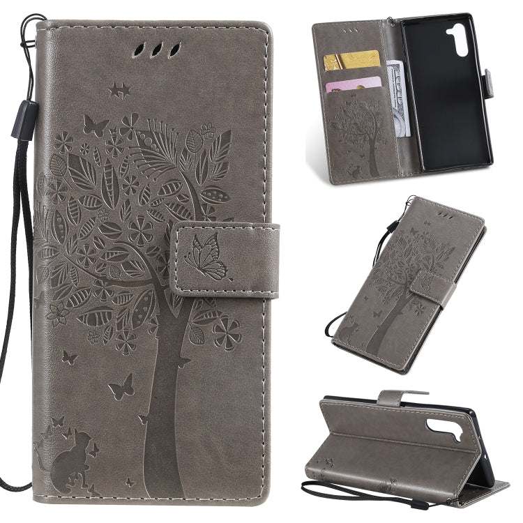 Tree & Cat Pattern Pressed Printing Horizontal Flip PU Leather Case with Holder & Card Slots & Wallet & Lanyard, For Galaxy Note 10+ / 10 Pro, For Galaxy  Note10