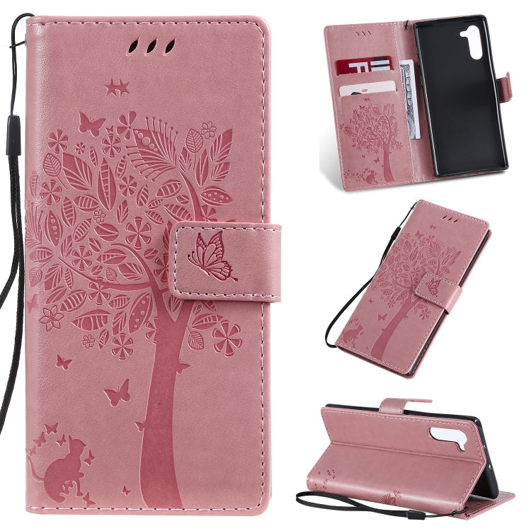 Tree & Cat Pattern Pressed Printing Horizontal Flip PU Leather Case with Holder & Card Slots & Wallet & Lanyard, For Galaxy Note 10+ / 10 Pro, For Galaxy  Note10