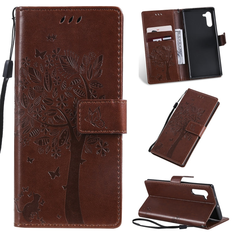 Tree & Cat Pattern Pressed Printing Horizontal Flip PU Leather Case with Holder & Card Slots & Wallet & Lanyard, For Galaxy Note 10+ / 10 Pro, For Galaxy  Note10