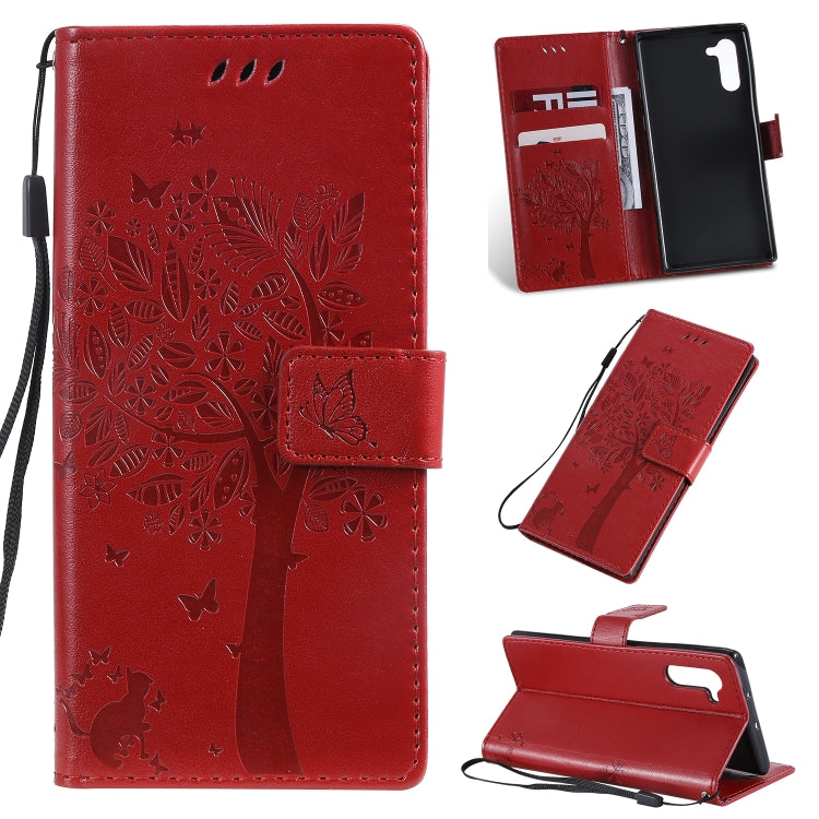 Tree & Cat Pattern Pressed Printing Horizontal Flip PU Leather Case with Holder & Card Slots & Wallet & Lanyard, For Galaxy Note 10+ / 10 Pro, For Galaxy  Note10