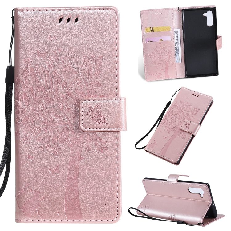 Tree & Cat Pattern Pressed Printing Horizontal Flip PU Leather Case with Holder & Card Slots & Wallet & Lanyard, For Galaxy Note 10+ / 10 Pro, For Galaxy  Note10