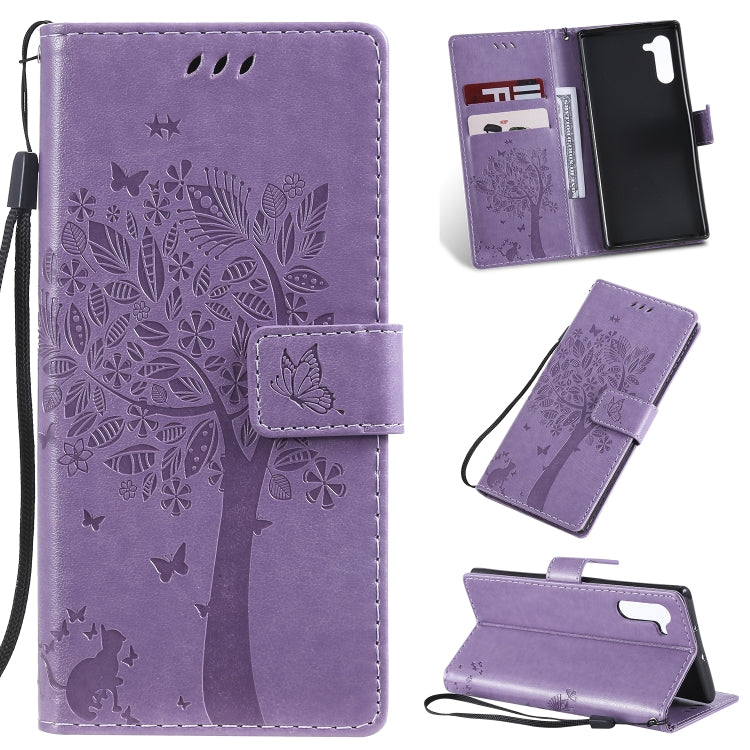 Tree & Cat Pattern Pressed Printing Horizontal Flip PU Leather Case with Holder & Card Slots & Wallet & Lanyard, For Galaxy Note 10+ / 10 Pro, For Galaxy  Note10