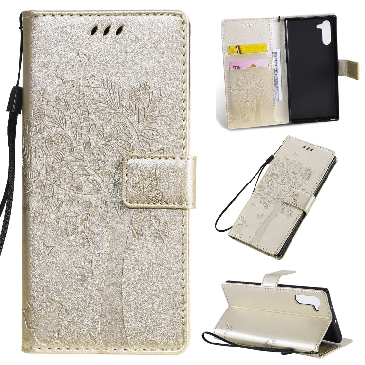 Tree & Cat Pattern Pressed Printing Horizontal Flip PU Leather Case with Holder & Card Slots & Wallet & Lanyard, For Galaxy Note 10+ / 10 Pro, For Galaxy  Note10