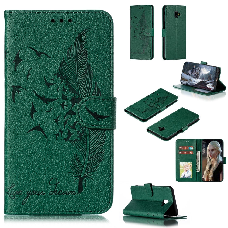 Feather Pattern Litchi Texture Horizontal Flip Leather Case with Wallet & Holder & Card Slots, For Galaxy J4+, For Galaxy J6+, For Galaxy J4 (2018), For Galaxy J6 (2018)