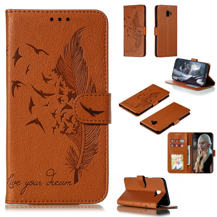 Feather Pattern Litchi Texture Horizontal Flip Leather Case with Wallet & Holder & Card Slots, For Galaxy J4+, For Galaxy J6+, For Galaxy J4 (2018), For Galaxy J6 (2018)