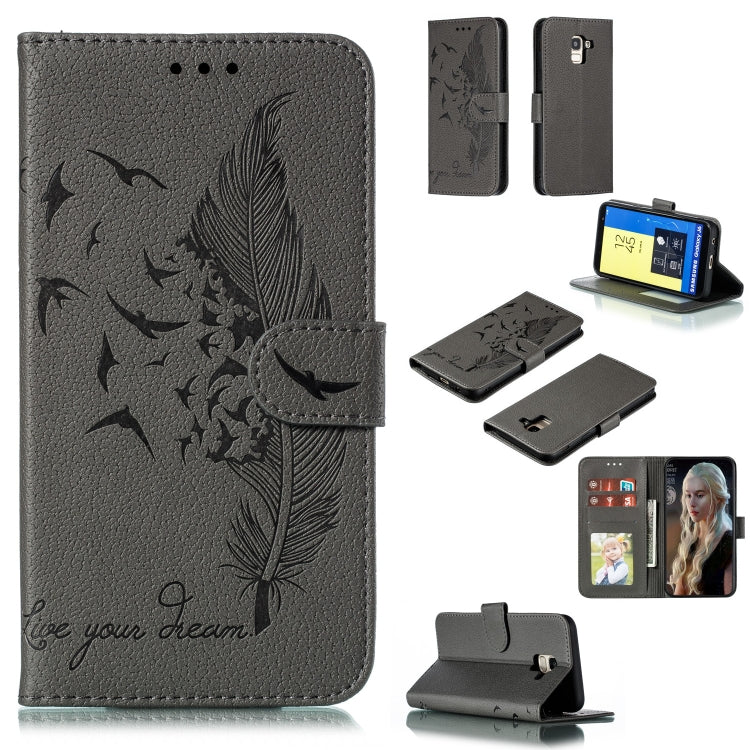 Feather Pattern Litchi Texture Horizontal Flip Leather Case with Wallet & Holder & Card Slots, For Galaxy J4+, For Galaxy J6+, For Galaxy J4 (2018), For Galaxy J6 (2018)