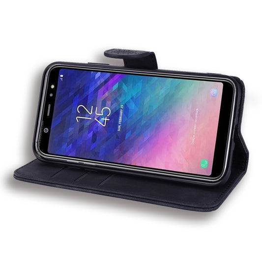 Galaxy J8 A6+ protective case with embossed calf leather and built-in wallet functionality