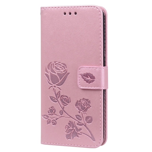 Pressed rose design PU leather Galaxy A20e case front view with stand feature