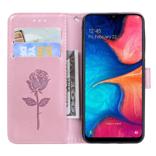 Horizontal flip Galaxy A20e wallet case rose pattern detail close-up