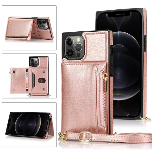 iPhone 12 Pro Max square zipper wallet case with card slots and crossbody strap