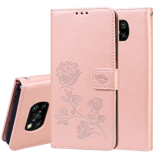 Rose embossed PU leather flip case for Xiaomi Poco X3 NFC with card slots and wallet