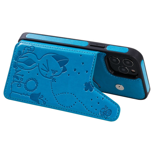Protective iPhone 12 Pro case displaying embossed bee and cat artwork detail