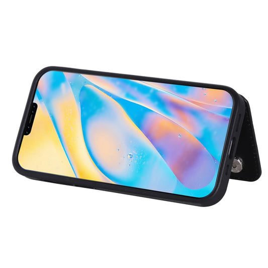 iPhone 12 mini cover featuring embossed cats, card slots, and integrated photo frame holder
