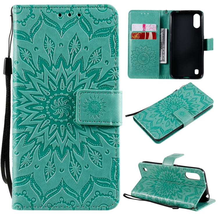 Pressed Printing Sunflower Pattern Horizontal Flip PU Leather Case with Holder & Card Slots & Wallet & Lanyard, For Samsung Galaxy A01 Core, For Samsung Galaxy A01(US Version), For Samsung Galaxy A11(US Version)