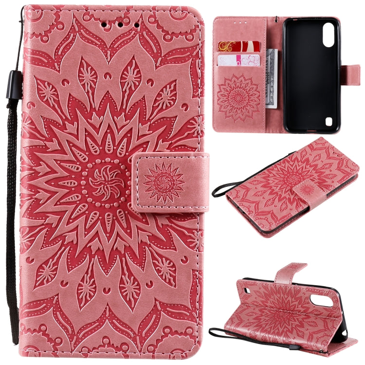 Pressed Printing Sunflower Pattern Horizontal Flip PU Leather Case with Holder & Card Slots & Wallet & Lanyard, For Samsung Galaxy A01 Core, For Samsung Galaxy A01(US Version), For Samsung Galaxy A11(US Version)