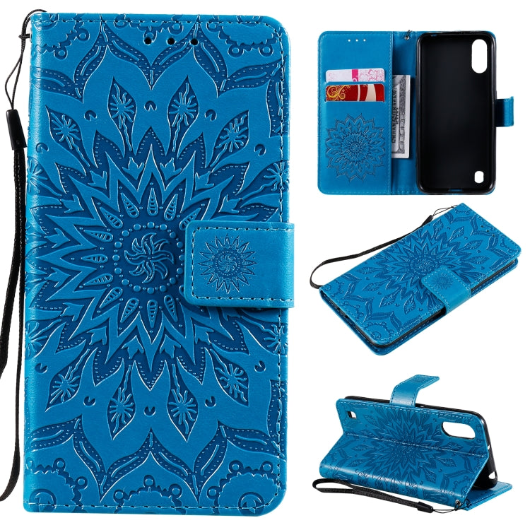 Pressed Printing Sunflower Pattern Horizontal Flip PU Leather Case with Holder & Card Slots & Wallet & Lanyard, For Samsung Galaxy A01 Core, For Samsung Galaxy A01(US Version), For Samsung Galaxy A11(US Version)