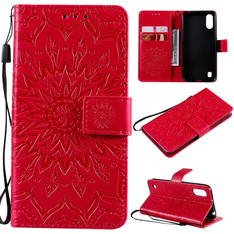 Pressed Printing Sunflower Pattern Horizontal Flip PU Leather Case with Holder & Card Slots & Wallet & Lanyard, For Samsung Galaxy A01 Core, For Samsung Galaxy A01(US Version), For Samsung Galaxy A11(US Version)