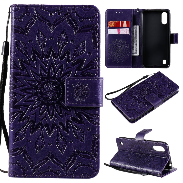 Pressed Printing Sunflower Pattern Horizontal Flip PU Leather Case with Holder & Card Slots & Wallet & Lanyard, For Samsung Galaxy A01 Core, For Samsung Galaxy A01(US Version), For Samsung Galaxy A11(US Version)
