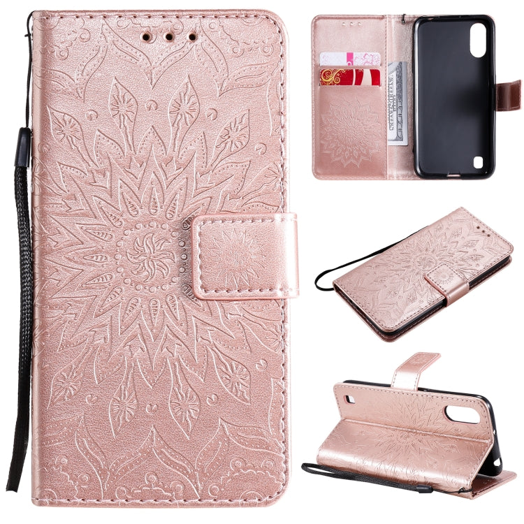 Pressed Printing Sunflower Pattern Horizontal Flip PU Leather Case with Holder & Card Slots & Wallet & Lanyard, For Samsung Galaxy A01 Core, For Samsung Galaxy A01(US Version), For Samsung Galaxy A11(US Version)