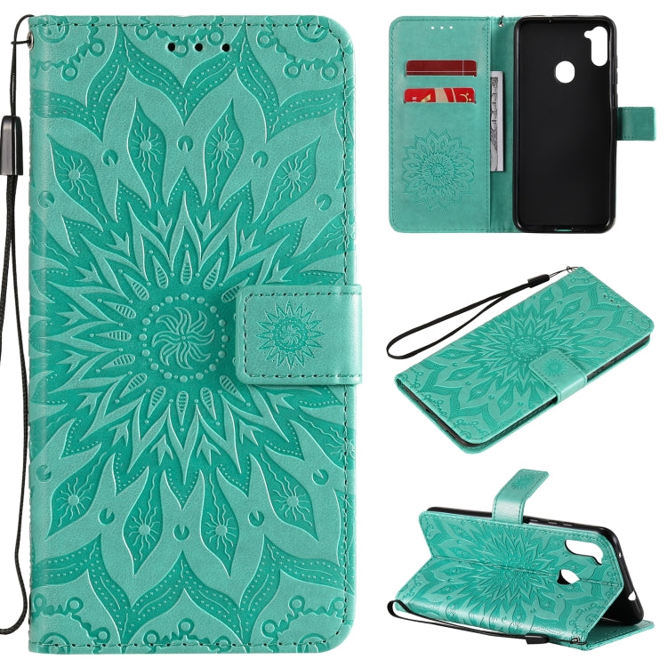 Pressed Printing Sunflower Pattern Horizontal Flip PU Leather Case with Holder & Card Slots & Wallet & Lanyard, For Samsung Galaxy A01 Core, For Samsung Galaxy A01(US Version), For Samsung Galaxy A11(US Version)