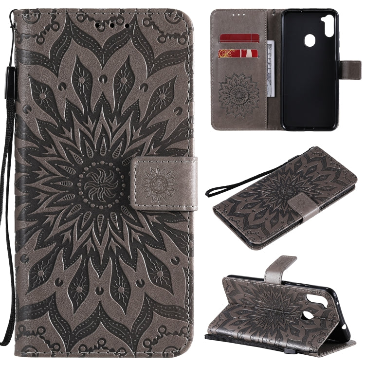 Pressed Printing Sunflower Pattern Horizontal Flip PU Leather Case with Holder & Card Slots & Wallet & Lanyard, For Samsung Galaxy A01 Core, For Samsung Galaxy A01(US Version), For Samsung Galaxy A11(US Version)