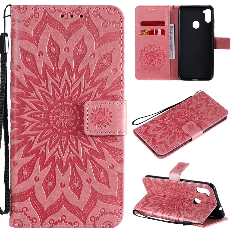 Pressed Printing Sunflower Pattern Horizontal Flip PU Leather Case with Holder & Card Slots & Wallet & Lanyard, For Samsung Galaxy A01 Core, For Samsung Galaxy A01(US Version), For Samsung Galaxy A11(US Version)