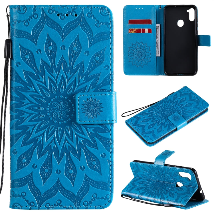 Pressed Printing Sunflower Pattern Horizontal Flip PU Leather Case with Holder & Card Slots & Wallet & Lanyard, For Samsung Galaxy A01 Core, For Samsung Galaxy A01(US Version), For Samsung Galaxy A11(US Version)