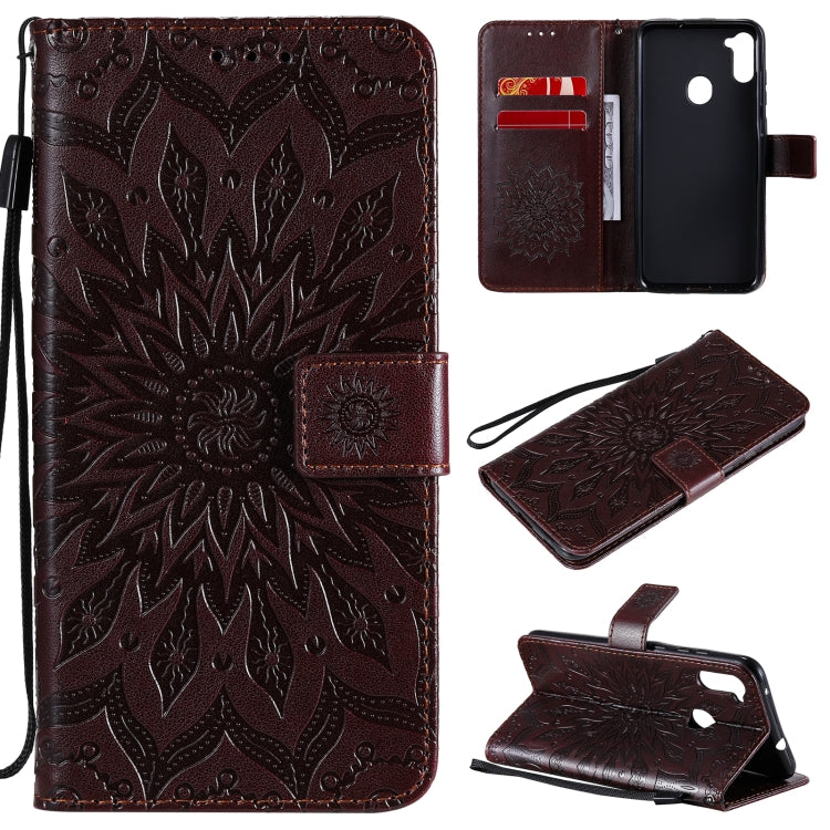 Pressed Printing Sunflower Pattern Horizontal Flip PU Leather Case with Holder & Card Slots & Wallet & Lanyard, For Samsung Galaxy A01 Core, For Samsung Galaxy A01(US Version), For Samsung Galaxy A11(US Version)