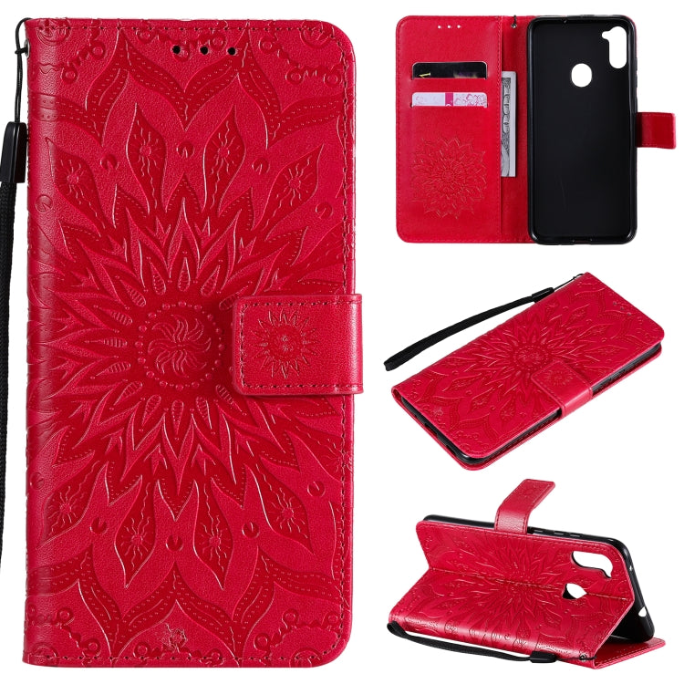 Pressed Printing Sunflower Pattern Horizontal Flip PU Leather Case with Holder & Card Slots & Wallet & Lanyard, For Samsung Galaxy A01 Core, For Samsung Galaxy A01(US Version), For Samsung Galaxy A11(US Version)