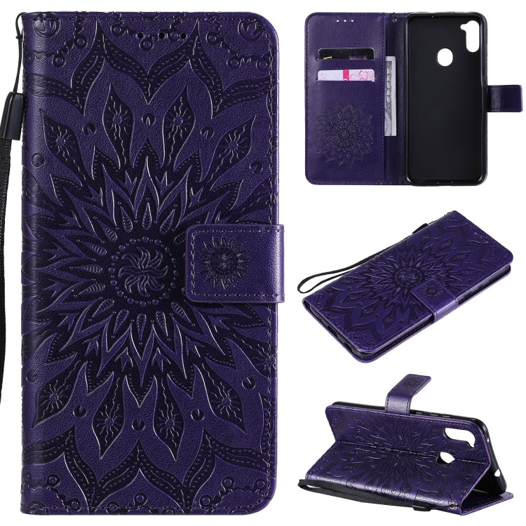Pressed Printing Sunflower Pattern Horizontal Flip PU Leather Case with Holder & Card Slots & Wallet & Lanyard, For Samsung Galaxy A01 Core, For Samsung Galaxy A01(US Version), For Samsung Galaxy A11(US Version)