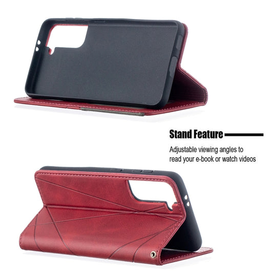 Close-up of rhombus embossed leather surface on Samsung Galaxy S21 magnetic flip case