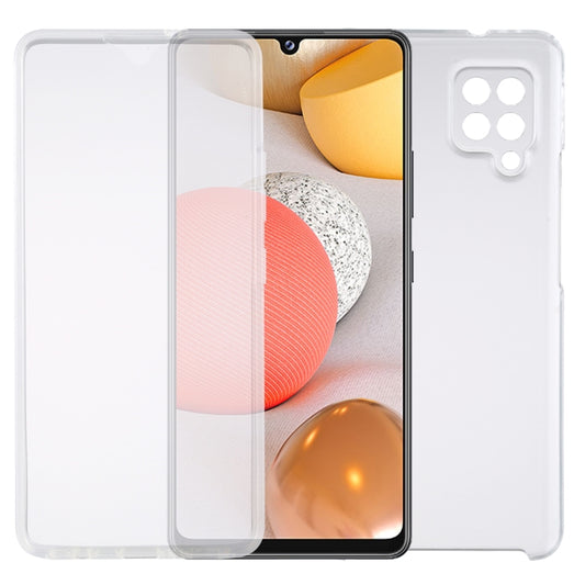 Crystal clear PC+TPU hybrid case protecting Samsung Galaxy A42 5G with transparent design