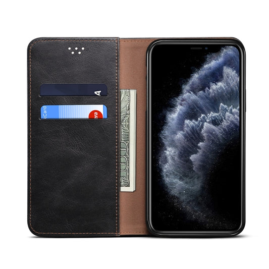 Horizontal flip leather case displaying interior card pockets and money compartment