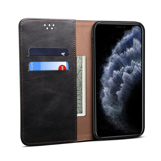 Durable crazy horse leather iPhone case with embossed texture and secure snap buttons