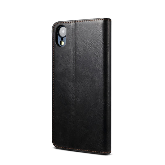 Close-up of embossed crazy horse leather texture on premium iPhone protection case