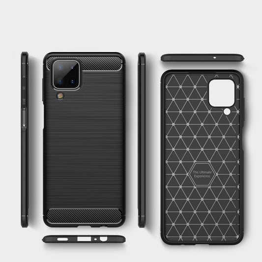 Galaxy A02s protective case featuring carbon fiber texture and durable TPU material