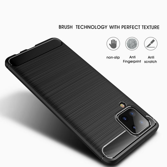 Samsung Galaxy A12 phone case with brushed carbon fiber design and shock-absorbing TPU